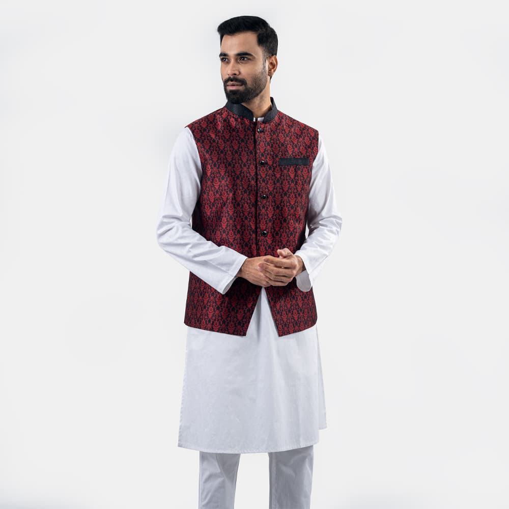 Premium Maroon Floral Colour Printed Waistcoat by LUBNAN - LubnanBD